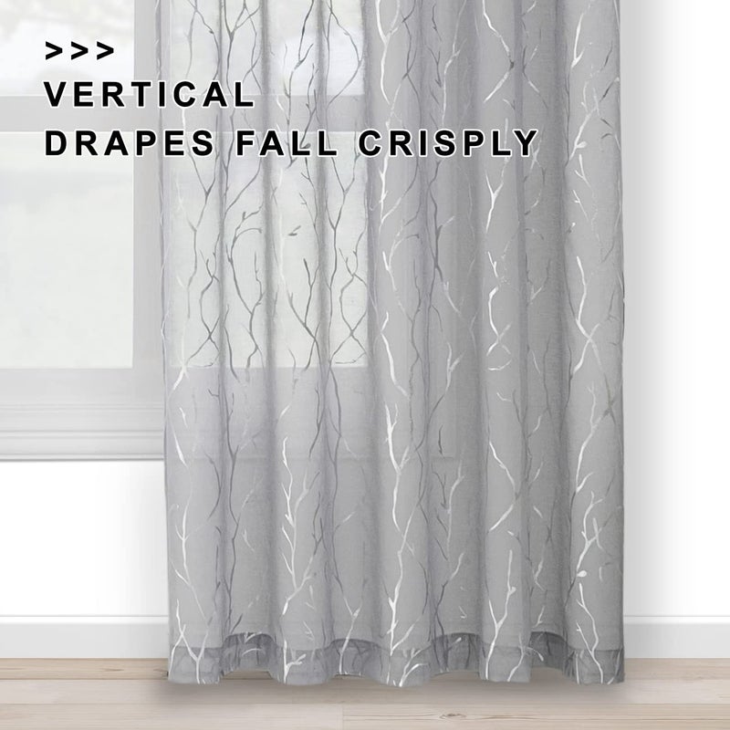 FINECITY Silver Grey Sheer Curtains for Bedroom - Metallic Silver Sparkle Sheer Curtains 63 Inch Length Rod Pocket Sheer Window Curtains Short Printed Twig Pattern, 52 x 63 Inches, 2 Panels, Gray - Image 4